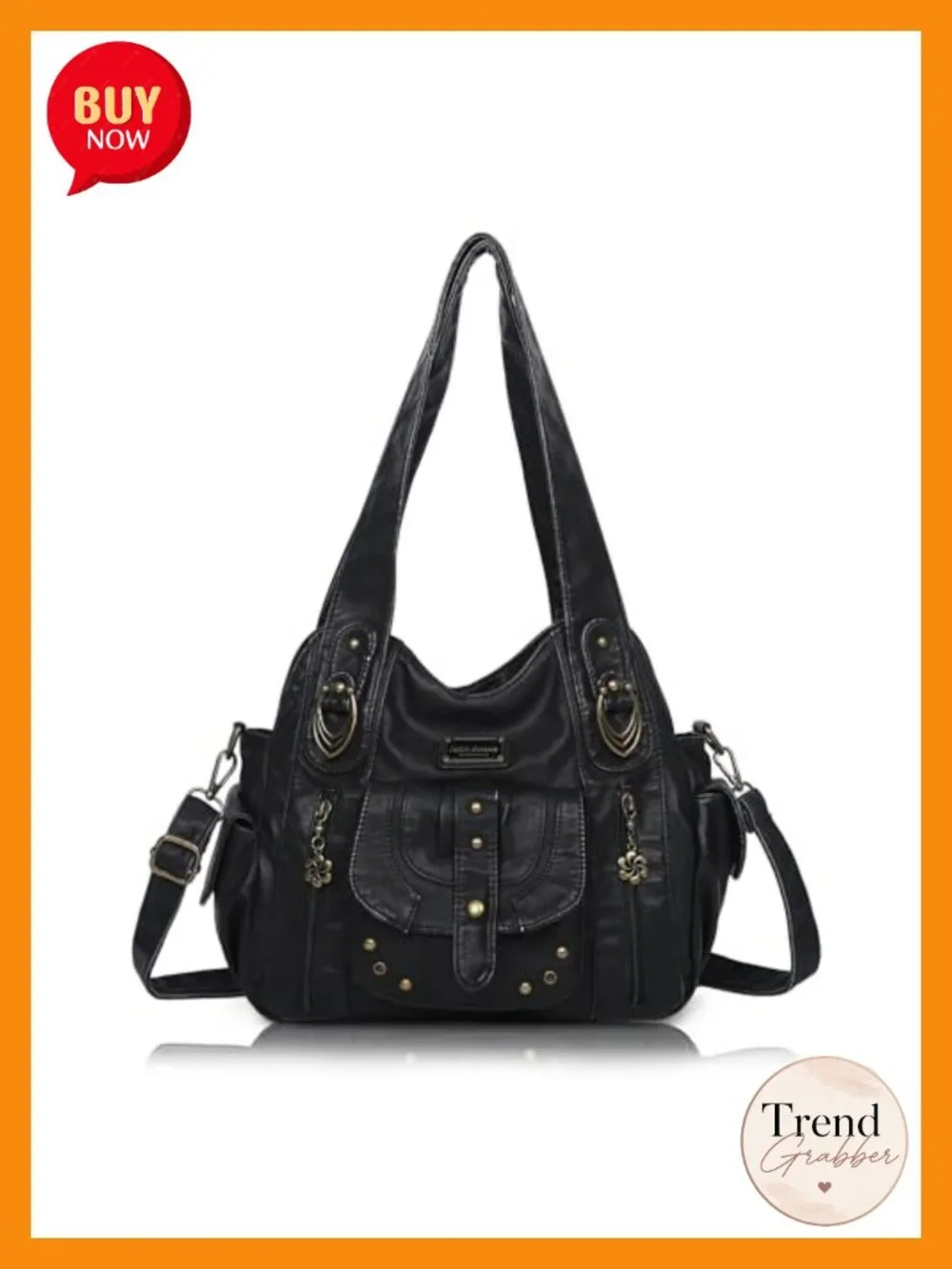 Faux Leather Hobo Bag with Metal Studs - Crossbody Shoulder Tote